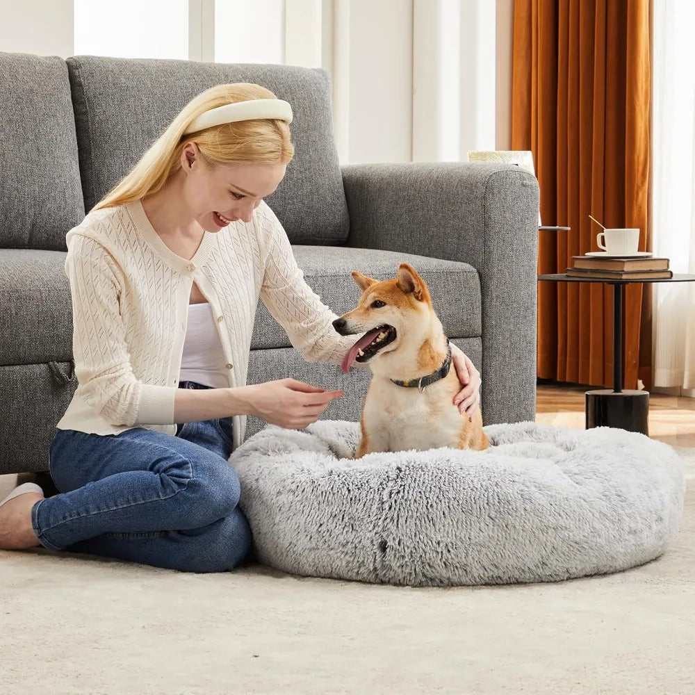 Calming Donut Dog Bed for Large Dogs, Machine Washable Fluffy Faux Fur, Anti-Slip Round Pet Bed for Indoor Cats and Dogs, Grey