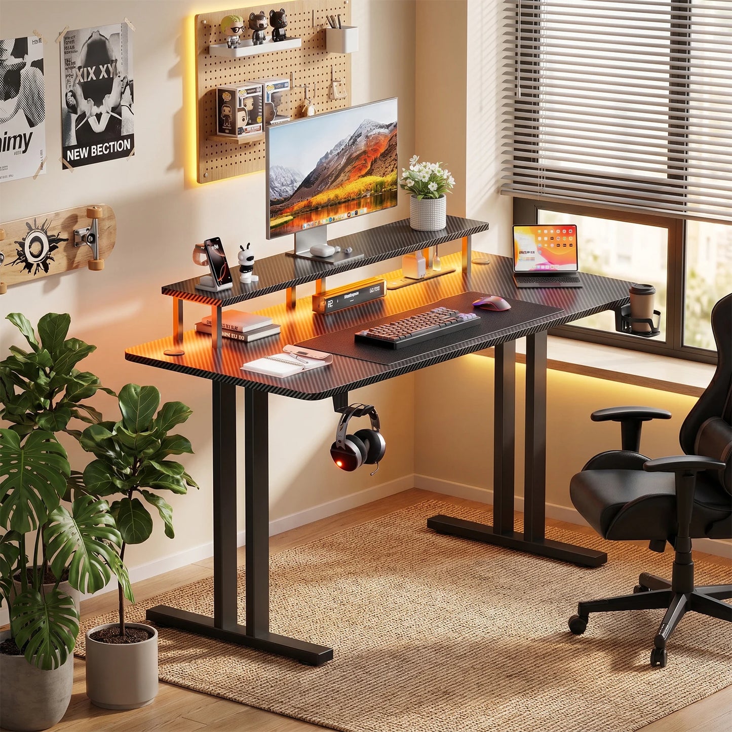 FRODROVIA Gaming Desk With LED Lighting Power Outlet Monitor Stand