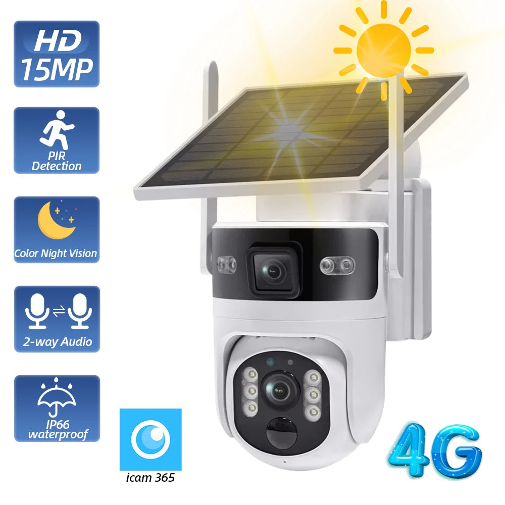Wireless Outdoor PTZ Solar Security Camera 4G SIM Dual Lens 8MP Ultra HD 4K IP Night Vision PIR Motion Detection Battery Waterproof Audio CCTV for Home Construction Yard Warehouse Garage