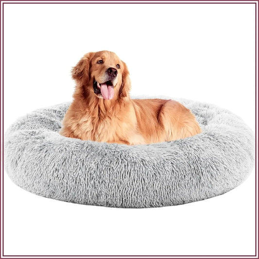 Calming Donut Dog Bed for Large Dogs, Machine Washable Fluffy Faux Fur, Anti-Slip Round Pet Bed for Indoor Cats and Dogs, Grey