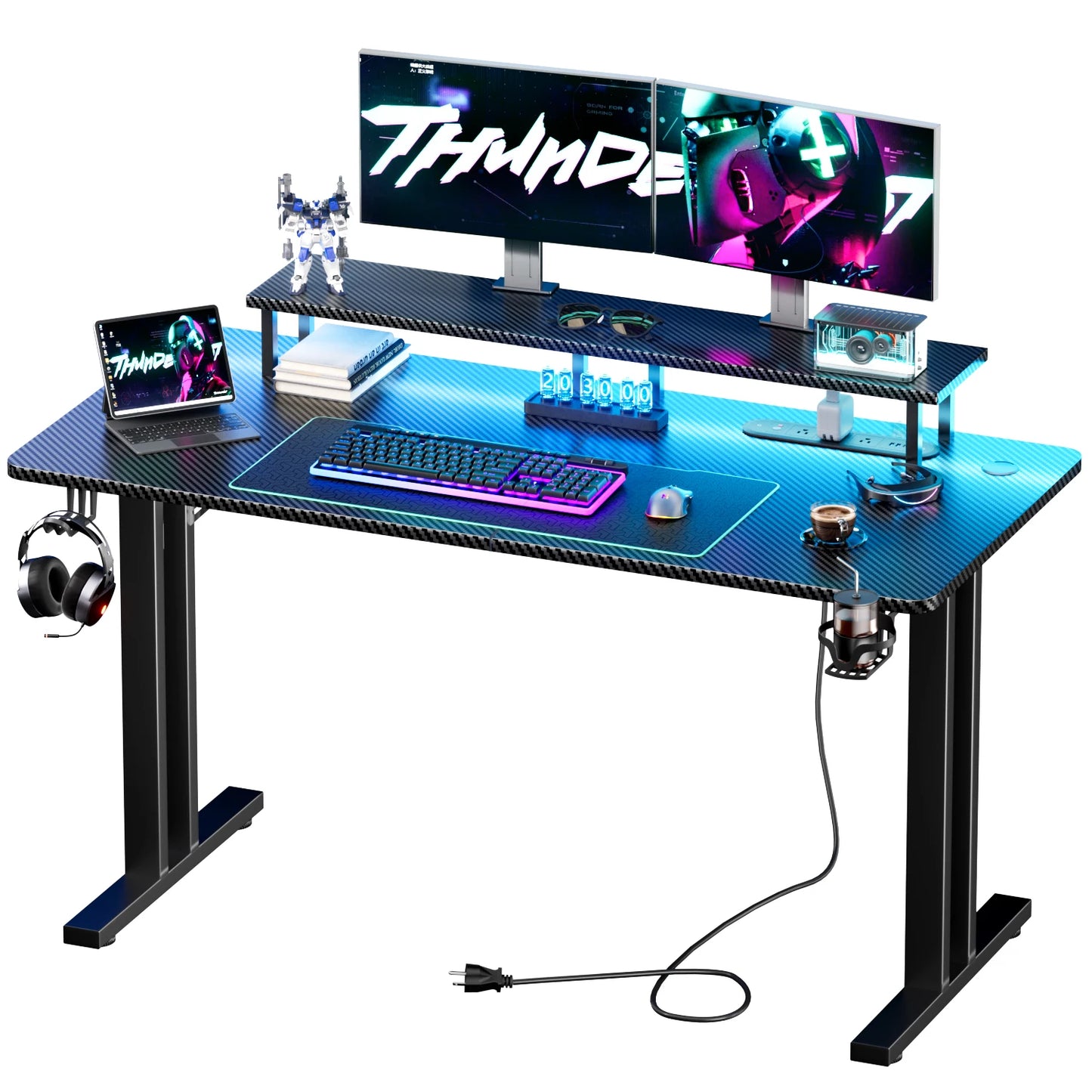 FRODROVIA Gaming Desk With LED Lighting Power Outlet Monitor Stand