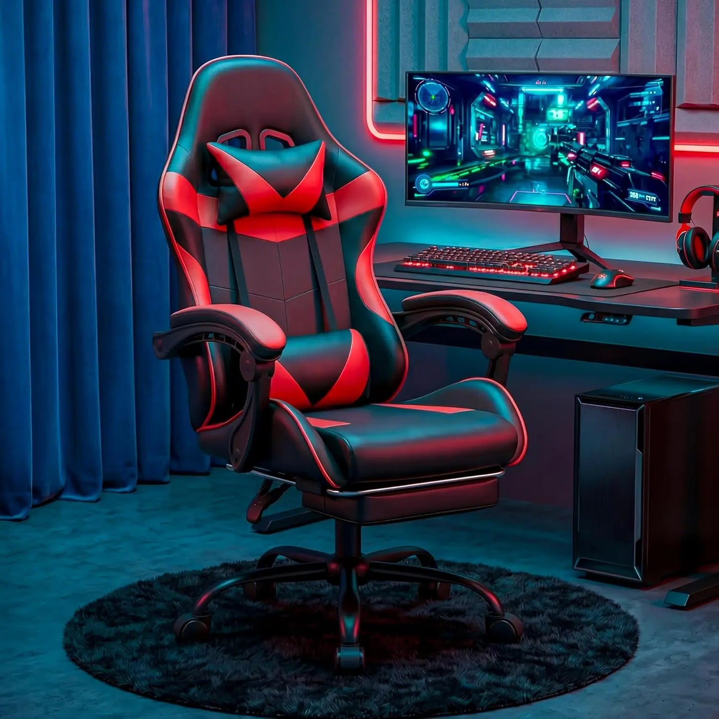 Gaming Chair With Reclining Backrest, Footrest, Headrest And Lumbar Support