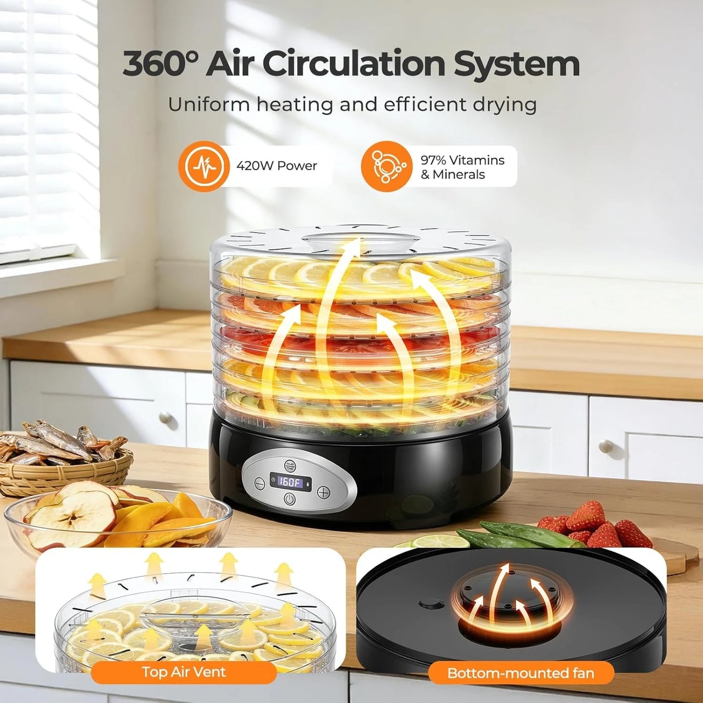 420W Food Dehydrator, 5 BPA-Free 12.2" Trays, Adjustable Temp 95–160℉, 48H Timer, Food Dryer for Fruits, Veggies, Jerky, Herbs, Home Use, BPA-Free