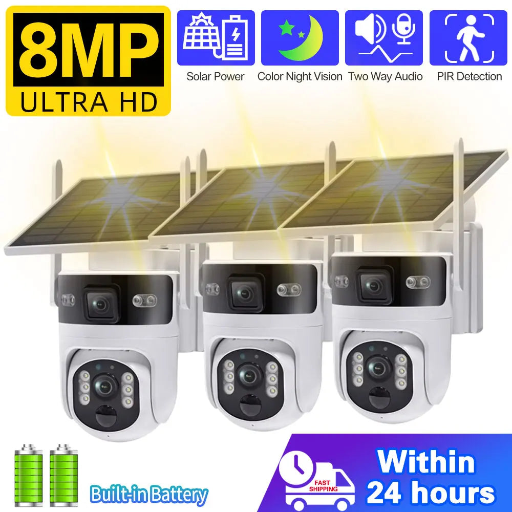 Wireless Outdoor PTZ Solar Security Camera 4G SIM Dual Lens 8MP Ultra HD 4K IP Night Vision PIR Motion Detection Battery Waterproof Audio CCTV for Home Construction Yard Warehouse Garage