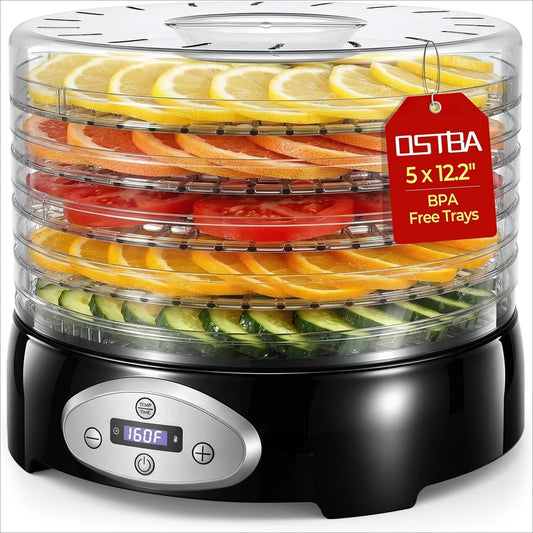 420W Food Dehydrator, 5 BPA-Free 12.2" Trays, Adjustable Temp 95–160℉, 48H Timer, Food Dryer for Fruits, Veggies, Jerky, Herbs, Home Use, BPA-Free