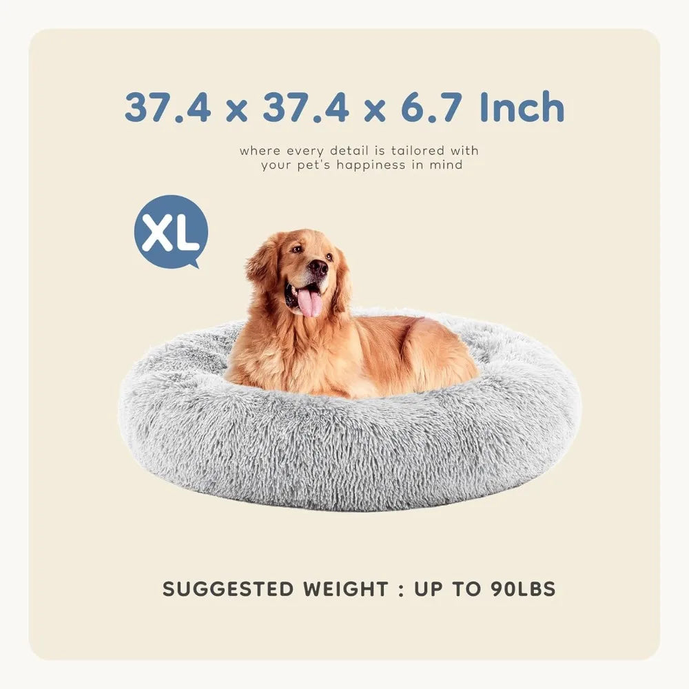 Calming Donut Dog Bed for Large Dogs, Machine Washable Fluffy Faux Fur, Anti-Slip Round Pet Bed for Indoor Cats and Dogs, Grey