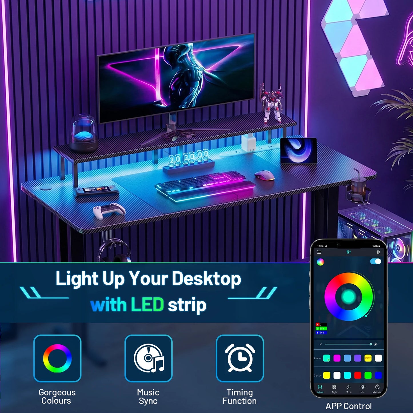 FRODROVIA Gaming Desk With LED Lighting Power Outlet Monitor Stand