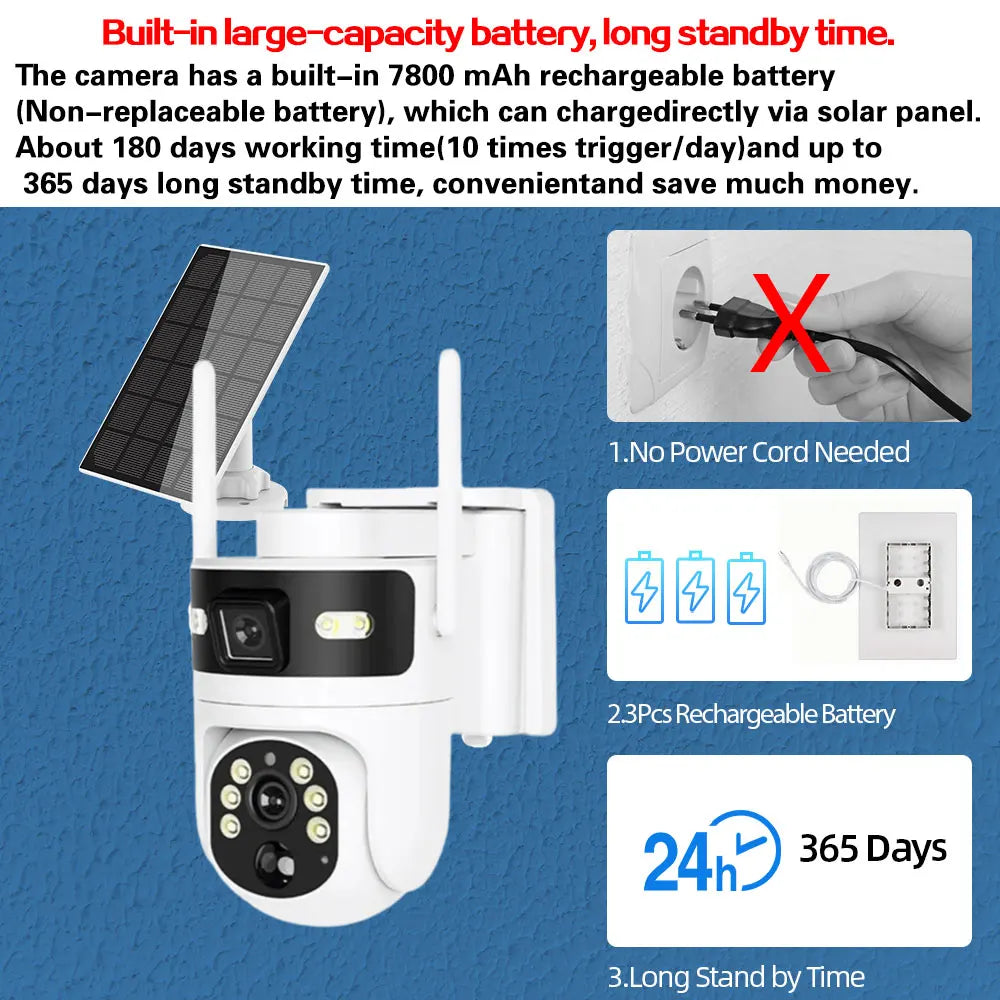 Wireless Outdoor PTZ Solar Security Camera 4G SIM Dual Lens 8MP Ultra HD 4K IP Night Vision PIR Motion Detection Battery Waterproof Audio CCTV for Home Construction Yard Warehouse Garage