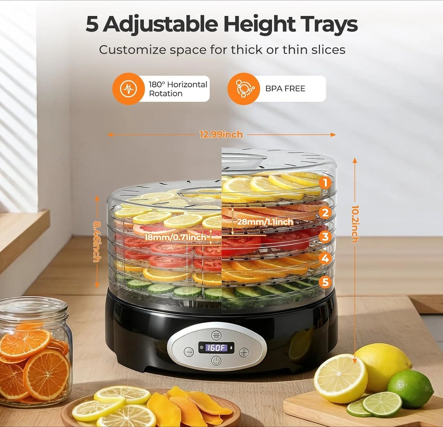 420W Food Dehydrator, 5 BPA-Free 12.2" Trays, Adjustable Temp 95–160℉, 48H Timer, Food Dryer for Fruits, Veggies, Jerky, Herbs, Home Use, BPA-Free