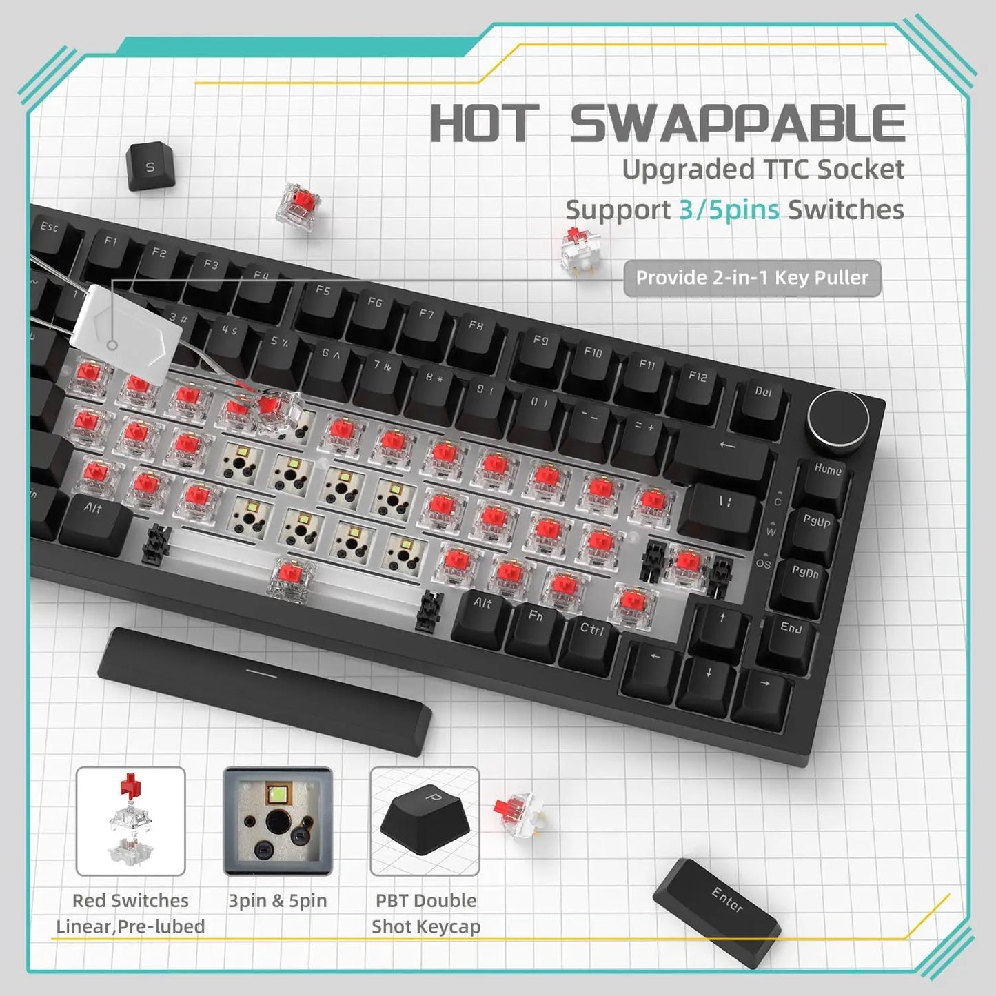 Ajazz AK820 Wired Mechanical Keyboard 82-Key Gaming Hot-Swappable Esports