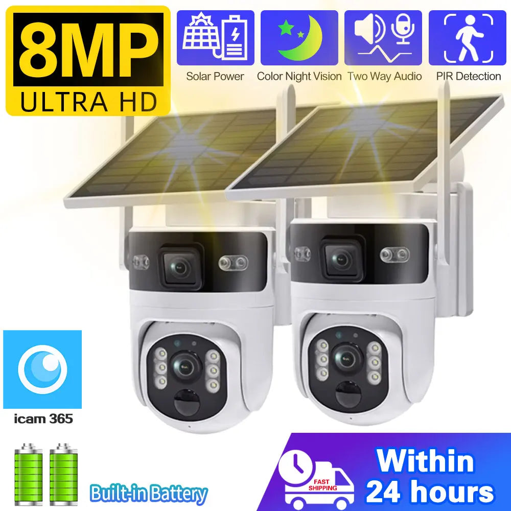 Wireless Outdoor PTZ Solar Security Camera 4G SIM Dual Lens 8MP Ultra HD 4K IP Night Vision PIR Motion Detection Battery Waterproof Audio CCTV for Home Construction Yard Warehouse Garage