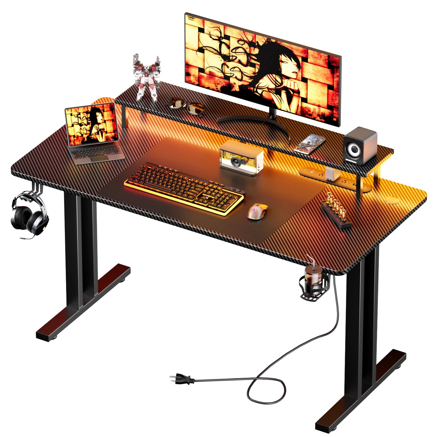 FRODROVIA Gaming Desk With LED Lighting Power Outlet Monitor Stand