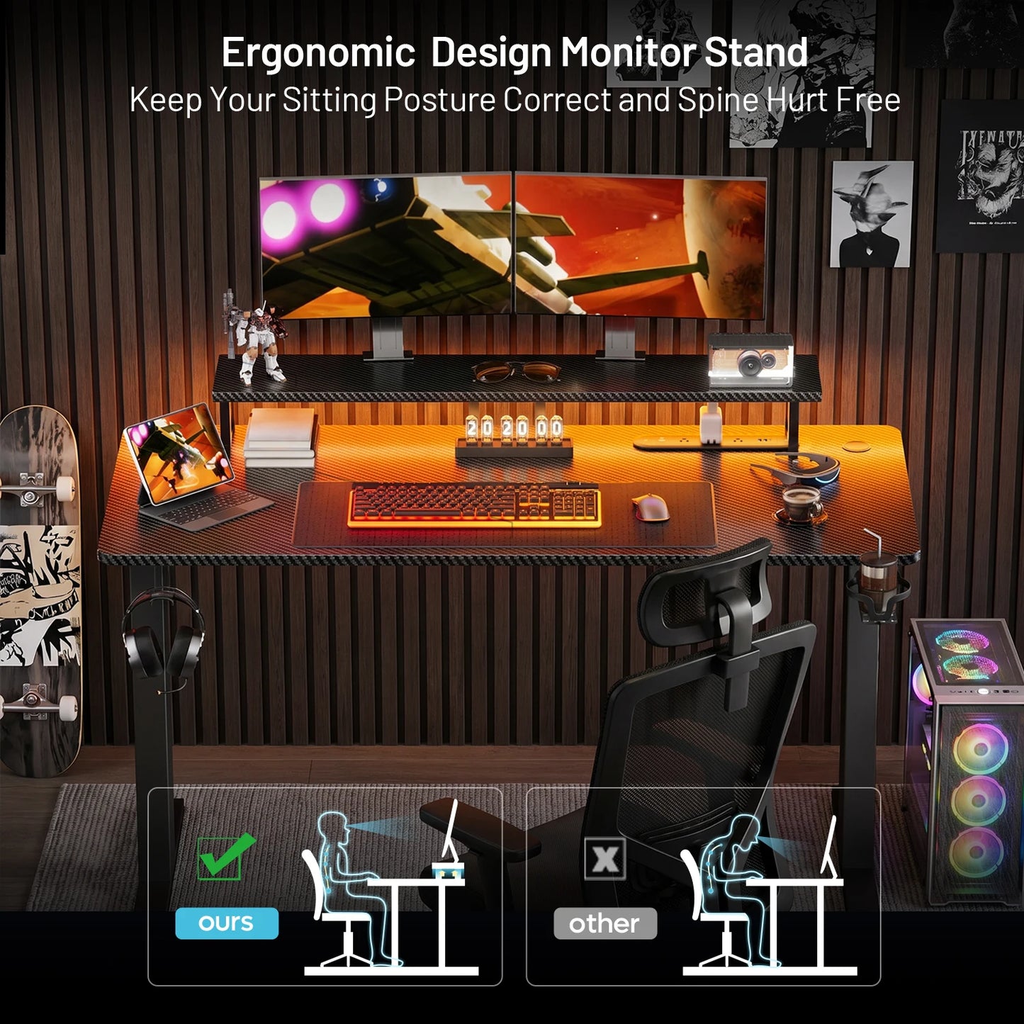 FRODROVIA Gaming Desk With LED Lighting Power Outlet Monitor Stand