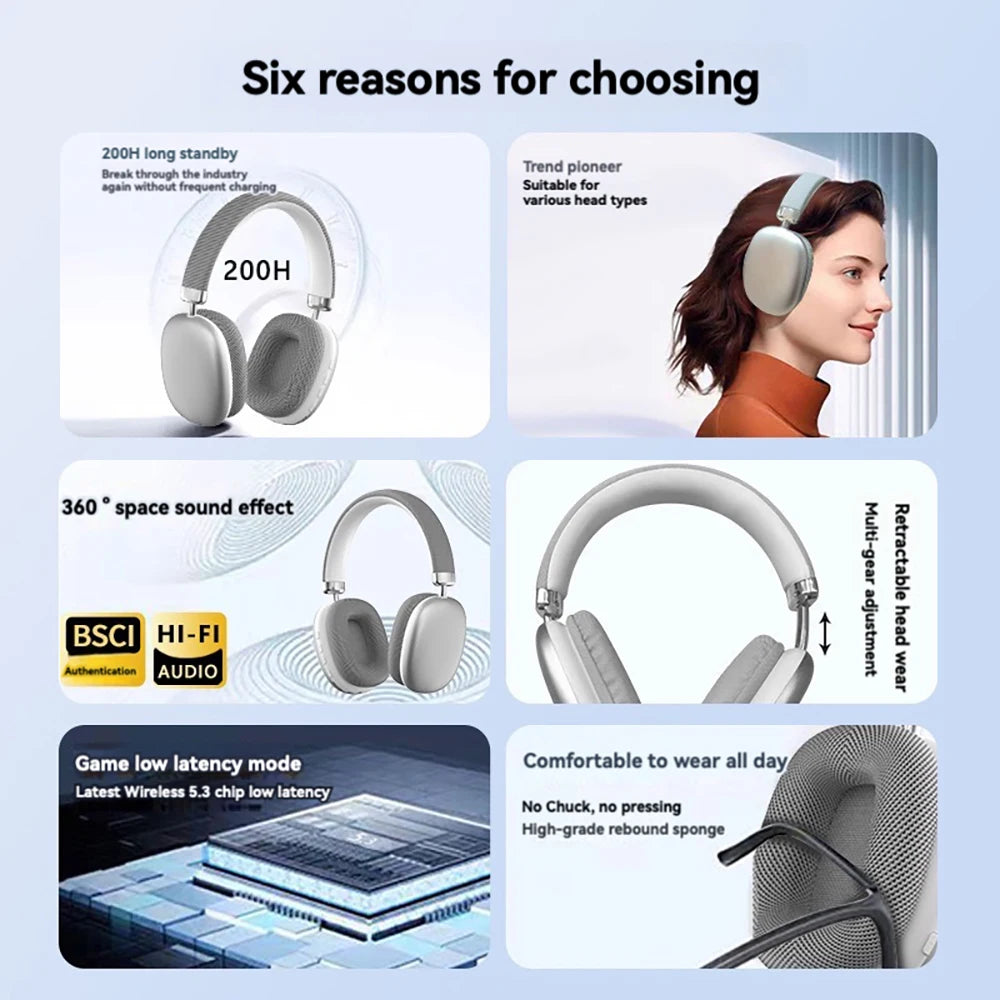 Foldable Bluetooth Over Ear Headphones HiFi Wireless Headset With AUX