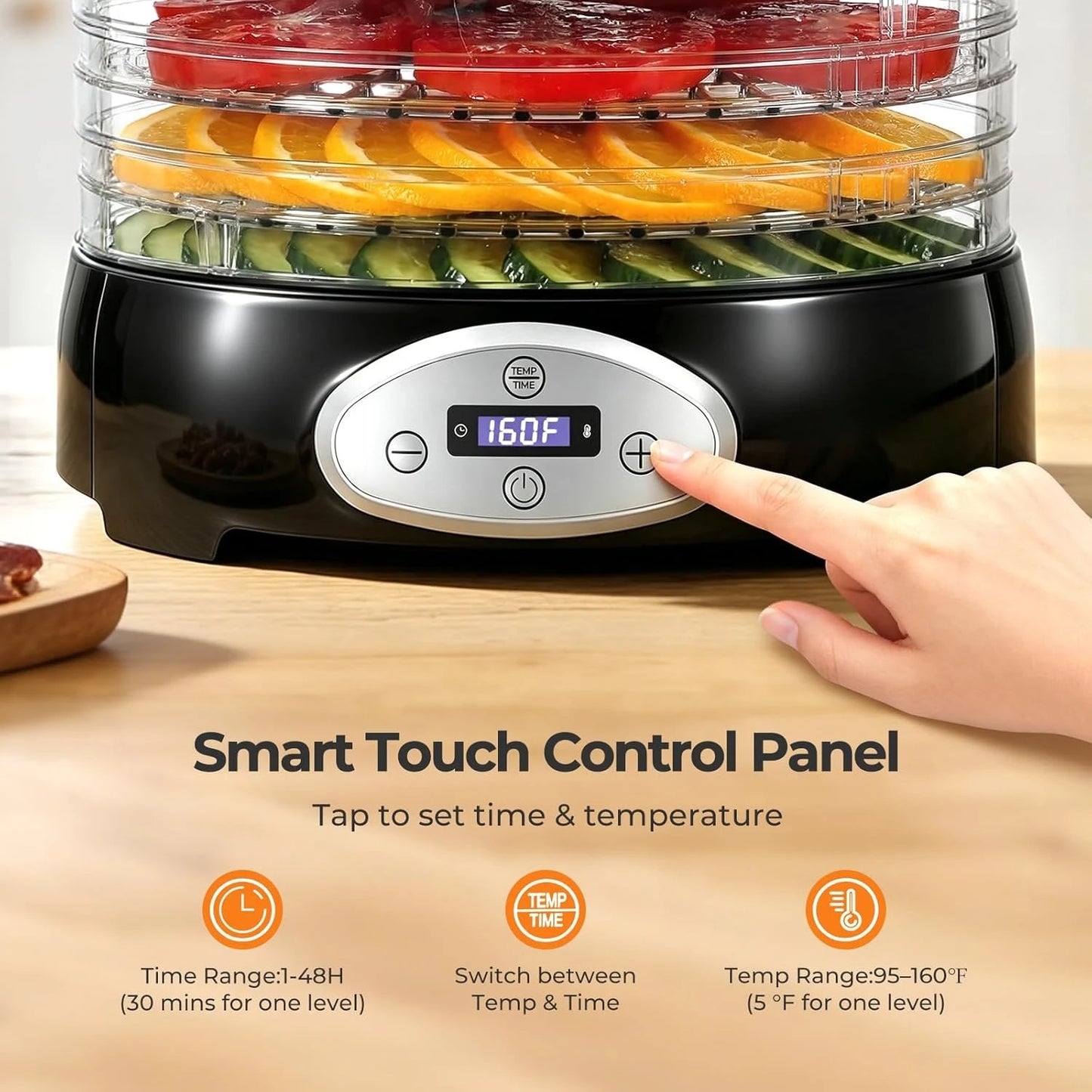 420W Food Dehydrator, 5 BPA-Free 12.2" Trays, Adjustable Temp 95–160℉, 48H Timer, Food Dryer for Fruits, Veggies, Jerky, Herbs, Home Use, BPA-Free