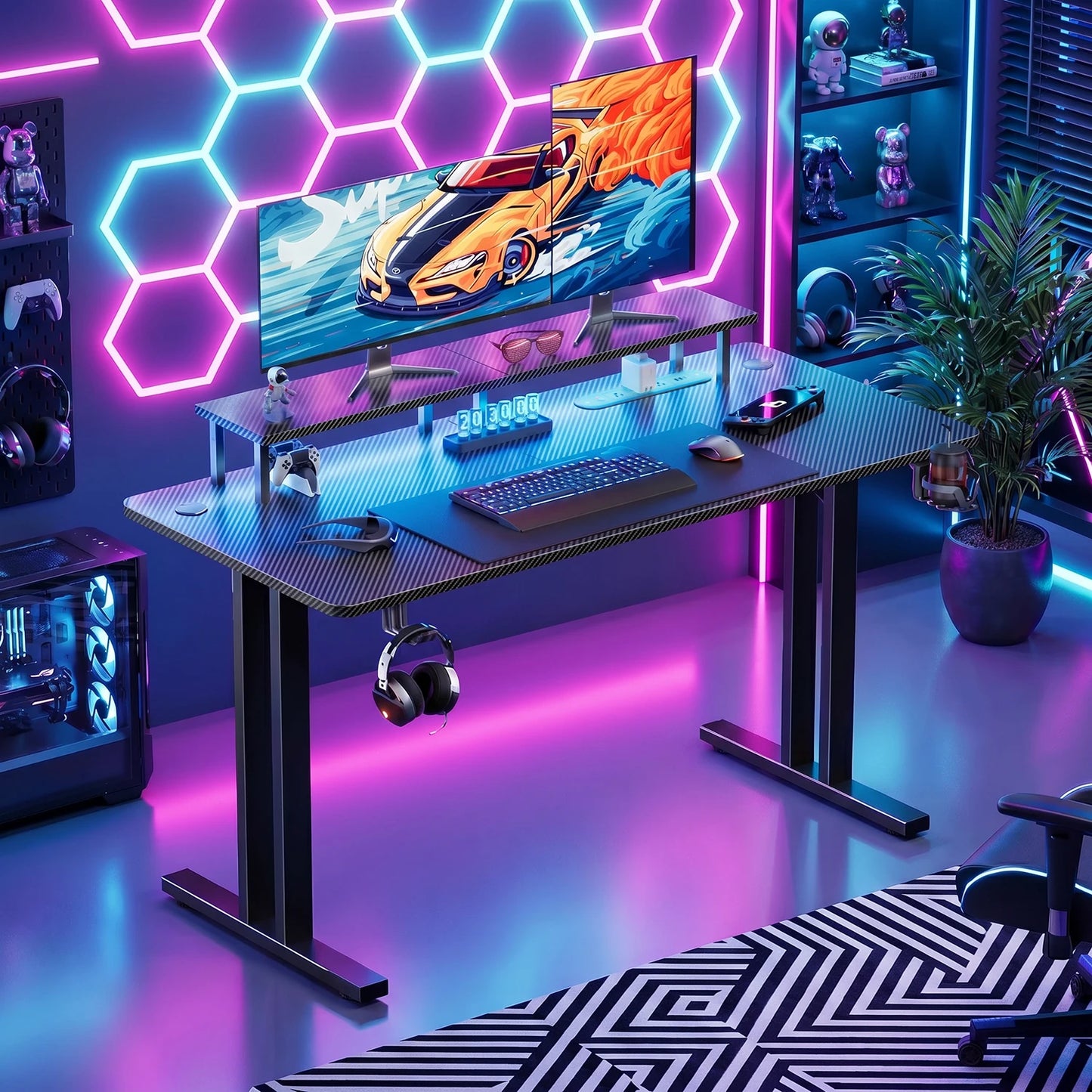 FRODROVIA Gaming Desk With LED Lighting Power Outlet Monitor Stand