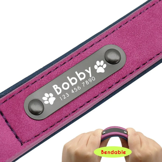 Personalized Name ID Tags Dog Collars Custom Text name Leather Dog Collar For Small Medium Large Dogs Pitbull Bulldog Beagle