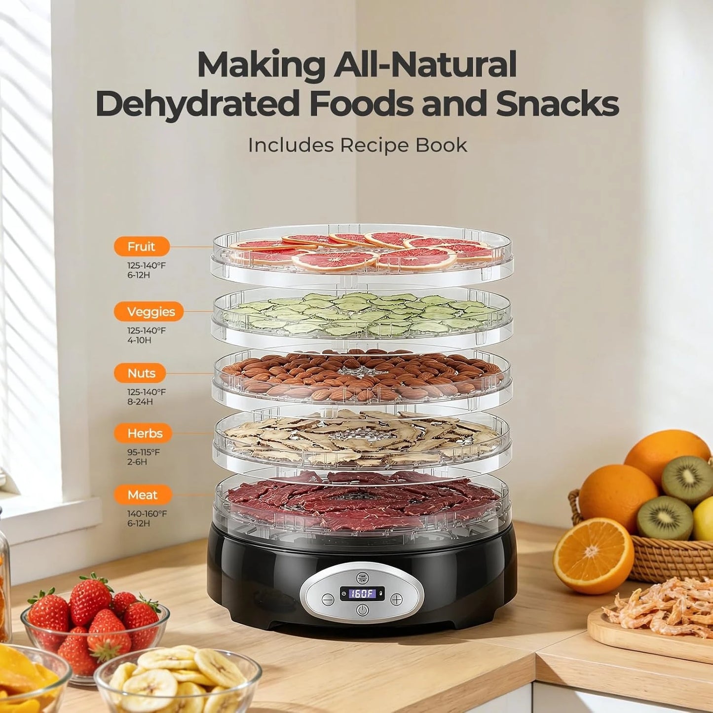 420W Food Dehydrator, 5 BPA-Free 12.2" Trays, Adjustable Temp 95–160℉, 48H Timer, Food Dryer for Fruits, Veggies, Jerky, Herbs, Home Use, BPA-Free