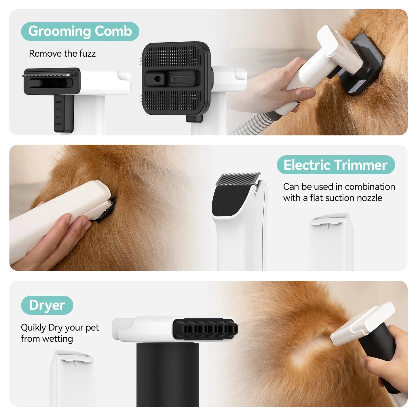 Amicura P1 Vacuum Cleaner & Hair Dryer 15kpa, Pet Grooming Set Adjustable Speed and Temperature, 5 Proven Care Tools Dog Clipper