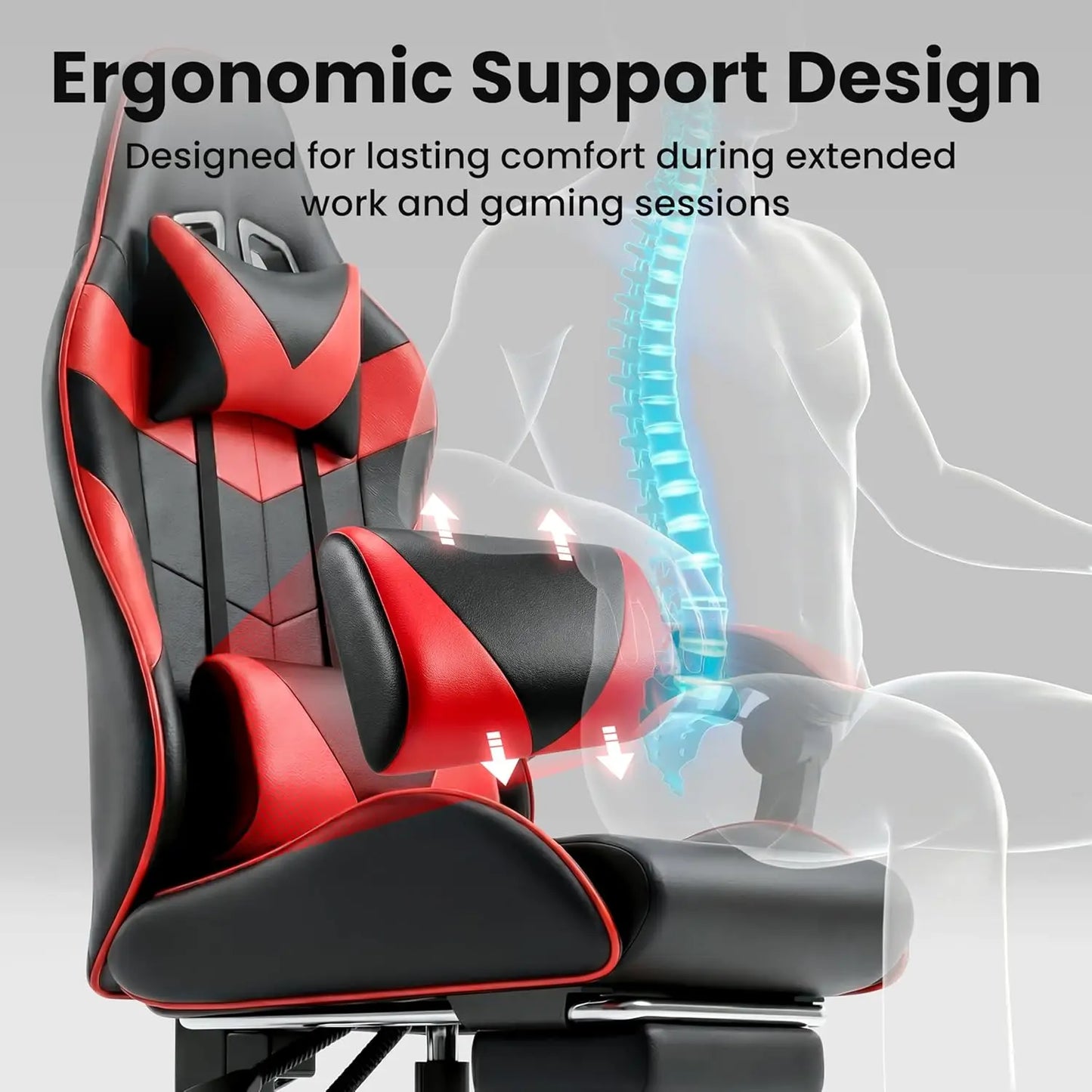 Gaming Chair With Reclining Backrest, Footrest, Headrest And Lumbar Support