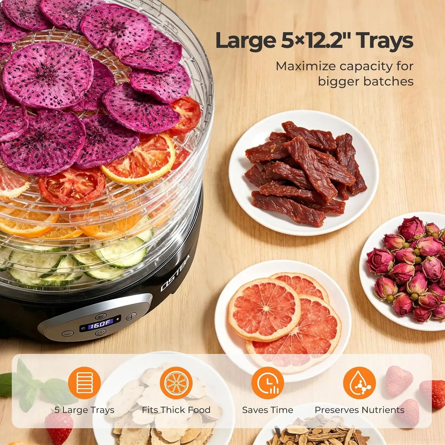 420W Food Dehydrator, 5 BPA-Free 12.2" Trays, Adjustable Temp 95–160℉, 48H Timer, Food Dryer for Fruits, Veggies, Jerky, Herbs, Home Use, BPA-Free