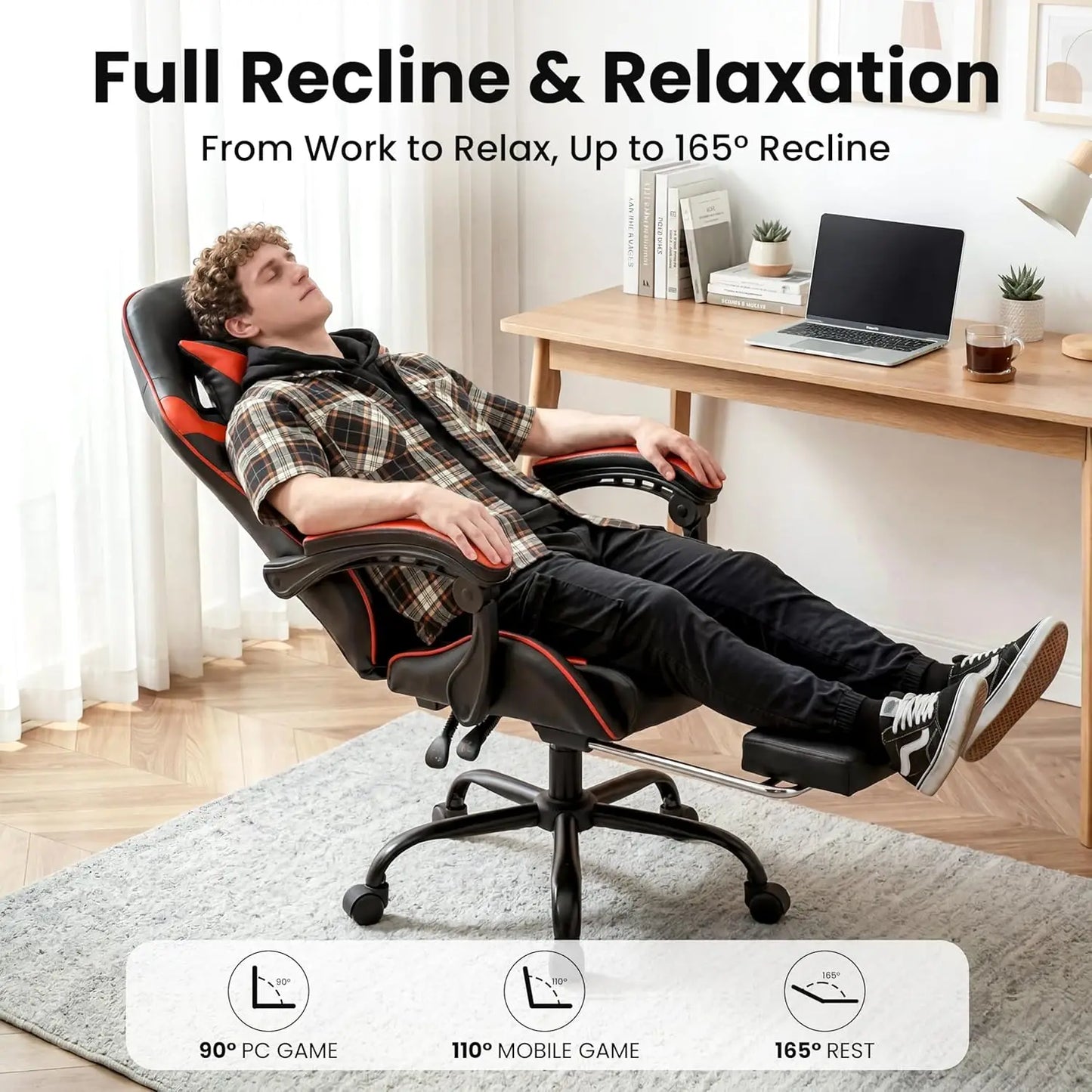 Gaming Chair With Reclining Backrest, Footrest, Headrest And Lumbar Support