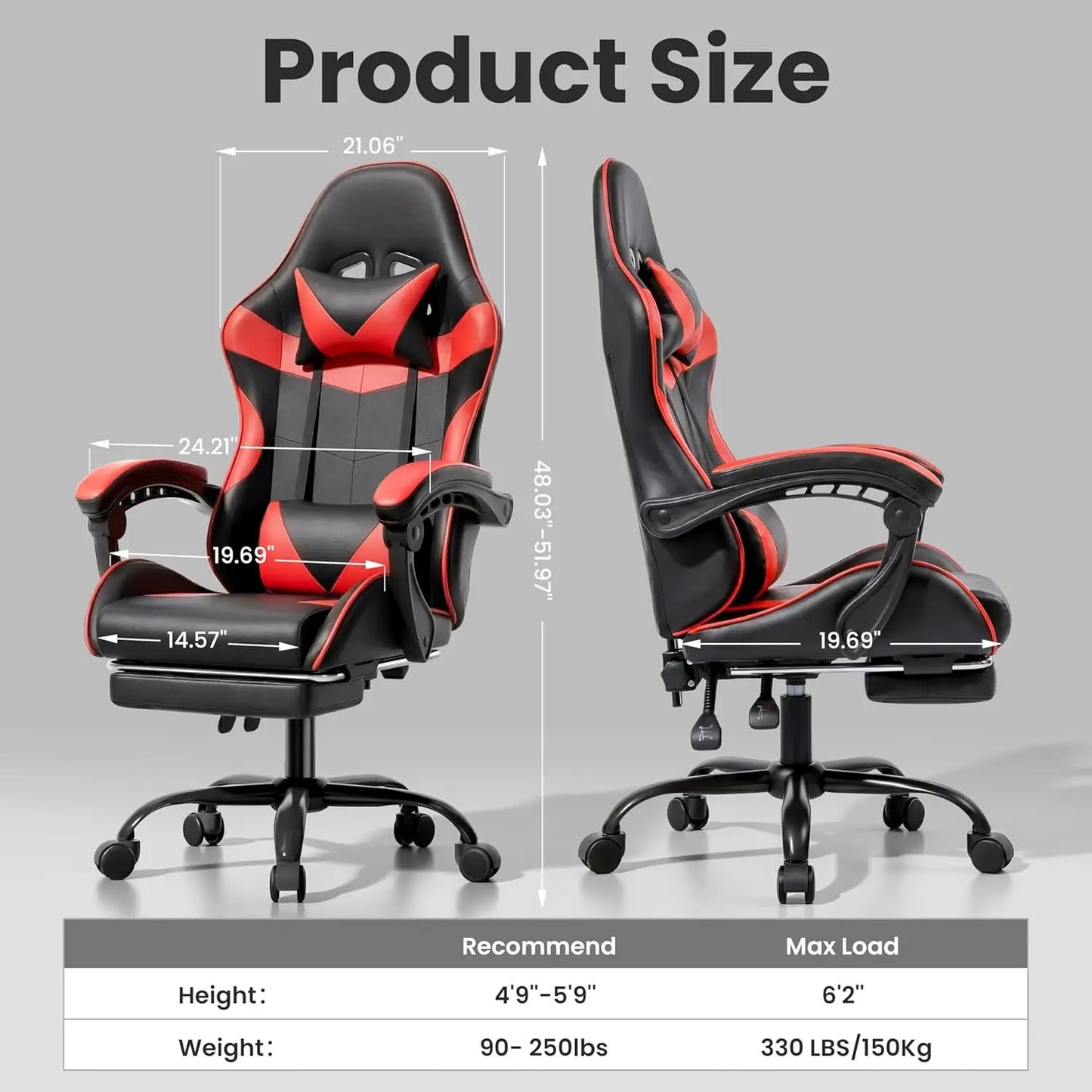 Gaming Chair With Reclining Backrest, Footrest, Headrest And Lumbar Support
